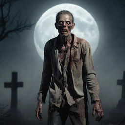 A chilling illustration of a zombie with rotting flesh, blank eyes, and tattered clothes, emerging from a foggy graveyard under a full moon.