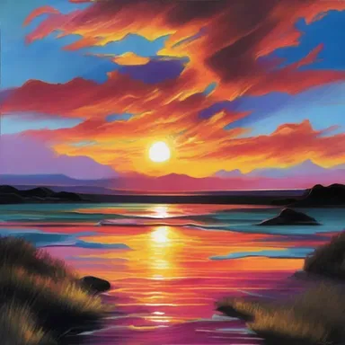 The artist grandly painted a breathtaking sunset, using bold and vibrant colors.