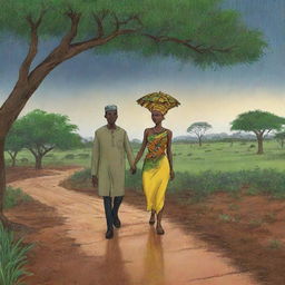 Animate an African themed cartoon embodying the transformation of dry, parched land into a lush, green landscape as the rain descends. This scene symbolizes the end of the drought, centered around Amina and Prince Kofi's celebration.