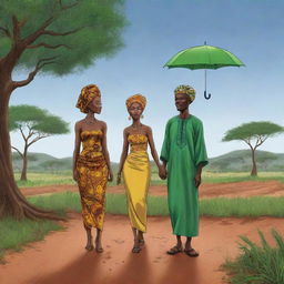 Animate an African themed cartoon embodying the transformation of dry, parched land into a lush, green landscape as the rain descends. This scene symbolizes the end of the drought, centered around Amina and Prince Kofi's celebration.