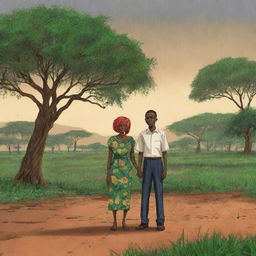 Animate an African themed cartoon embodying the transformation of dry, parched land into a lush, green landscape as the rain descends. This scene symbolizes the end of the drought, centered around Amina and Prince Kofi's celebration.