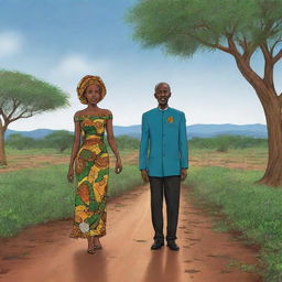 Animate an African themed cartoon embodying the transformation of dry, parched land into a lush, green landscape as the rain descends. This scene symbolizes the end of the drought, centered around Amina and Prince Kofi's celebration.