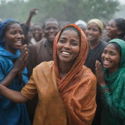 Illustrate a cartoon moment when the overjoyed villagers hail Amina as a heroine, capturing the relief on their faces as they embrace the newfound prosperity ushered in by the rain ceremony.