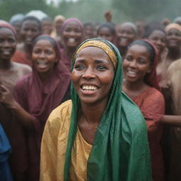 Illustrate a cartoon moment when the overjoyed villagers hail Amina as a heroine, capturing the relief on their faces as they embrace the newfound prosperity ushered in by the rain ceremony.