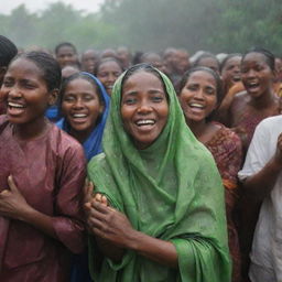 Illustrate a cartoon moment when the overjoyed villagers hail Amina as a heroine, capturing the relief on their faces as they embrace the newfound prosperity ushered in by the rain ceremony.