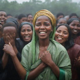 Illustrate a cartoon moment when the overjoyed villagers hail Amina as a heroine, capturing the relief on their faces as they embrace the newfound prosperity ushered in by the rain ceremony.