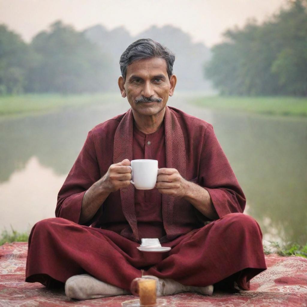 An Indian man in traditional attire, sitting comfortably, sipping a hot cup of coffee in a serene morning setting