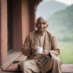 An Indian man in traditional attire, sitting comfortably, sipping a hot cup of coffee in a serene morning setting