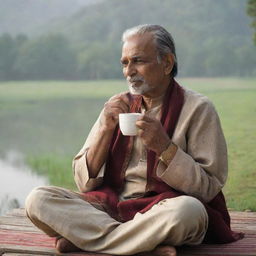 An Indian man in traditional attire, sitting comfortably, sipping a hot cup of coffee in a serene morning setting