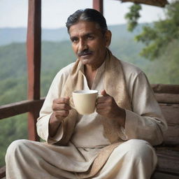 An Indian man in traditional attire, sitting comfortably, sipping a hot cup of coffee in a serene morning setting