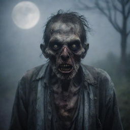 An eerie and haunting image of a zombie with hollowed eyes and ragged clothes, surrounded by mist under the gloomy light of the moon.