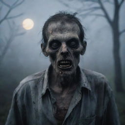 An eerie and haunting image of a zombie with hollowed eyes and ragged clothes, surrounded by mist under the gloomy light of the moon.