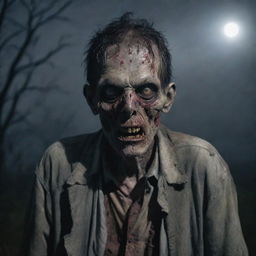 An eerie and haunting image of a zombie with hollowed eyes and ragged clothes, surrounded by mist under the gloomy light of the moon.