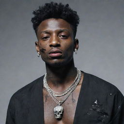 A provocative hybrid depiction of the rapper 21 Savage transformed into a stylish zombie, wearing his signature jewelry but with the trademark characteristics of a zombie.