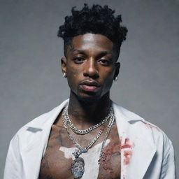 A provocative hybrid depiction of the rapper 21 Savage transformed into a stylish zombie, wearing his signature jewelry but with the trademark characteristics of a zombie.