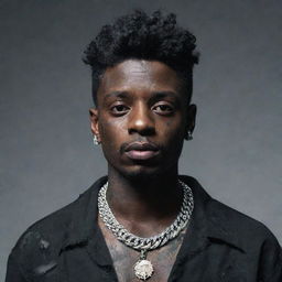 A provocative hybrid depiction of the rapper 21 Savage transformed into a stylish zombie, wearing his signature jewelry but with the trademark characteristics of a zombie.