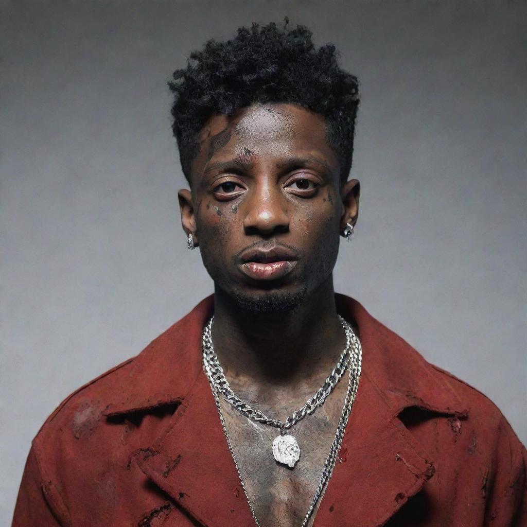 A provocative hybrid depiction of the rapper 21 Savage transformed into a stylish zombie, wearing his signature jewelry but with the trademark characteristics of a zombie.