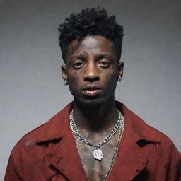 A provocative hybrid depiction of the rapper 21 Savage transformed into a stylish zombie, wearing his signature jewelry but with the trademark characteristics of a zombie.