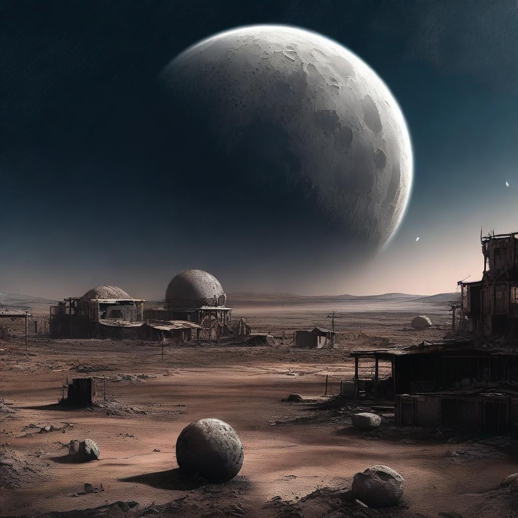 This digital art image depicts a desolate wasteland planet, scattered with the remains of dilapidated structures