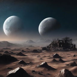 This digital art image depicts a desolate wasteland planet, scattered with the remains of dilapidated structures