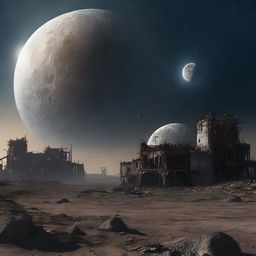 This digital art image depicts a desolate wasteland planet, scattered with the remains of dilapidated structures