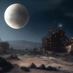 This digital art image depicts a desolate wasteland planet, scattered with the remains of dilapidated structures