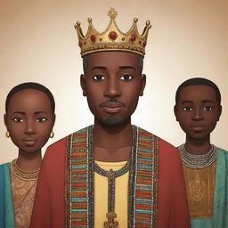 Generate an AI animated cartoon as part of an African tale, illustrating the wise and just king ruling over his people, reflecting his wisdom and fair leadership.