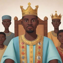 Generate an AI animated cartoon as part of an African tale, illustrating the wise and just king ruling over his people, reflecting his wisdom and fair leadership.