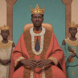 Generate an AI animated cartoon as part of an African tale, illustrating the wise and just king ruling over his people, reflecting his wisdom and fair leadership.