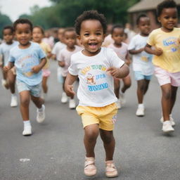 A small African American child joyously running, dressed in shorts and holding a carton of milk, with a cheerful parade of diverse babies in various attire following behind him