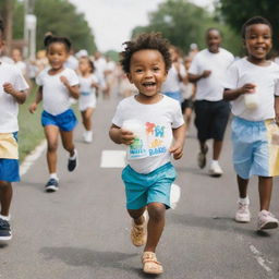 A small African American child joyously running, dressed in shorts and holding a carton of milk, with a cheerful parade of diverse babies in various attire following behind him