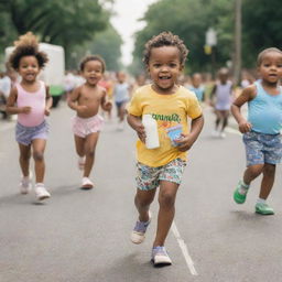 A small African American child joyously running, dressed in shorts and holding a carton of milk, with a cheerful parade of diverse babies in various attire following behind him