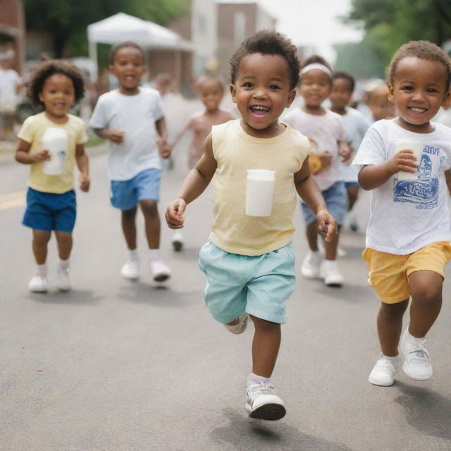 A small African American child joyously running, dressed in shorts and holding a carton of milk, with a cheerful parade of diverse babies in various attire following behind him