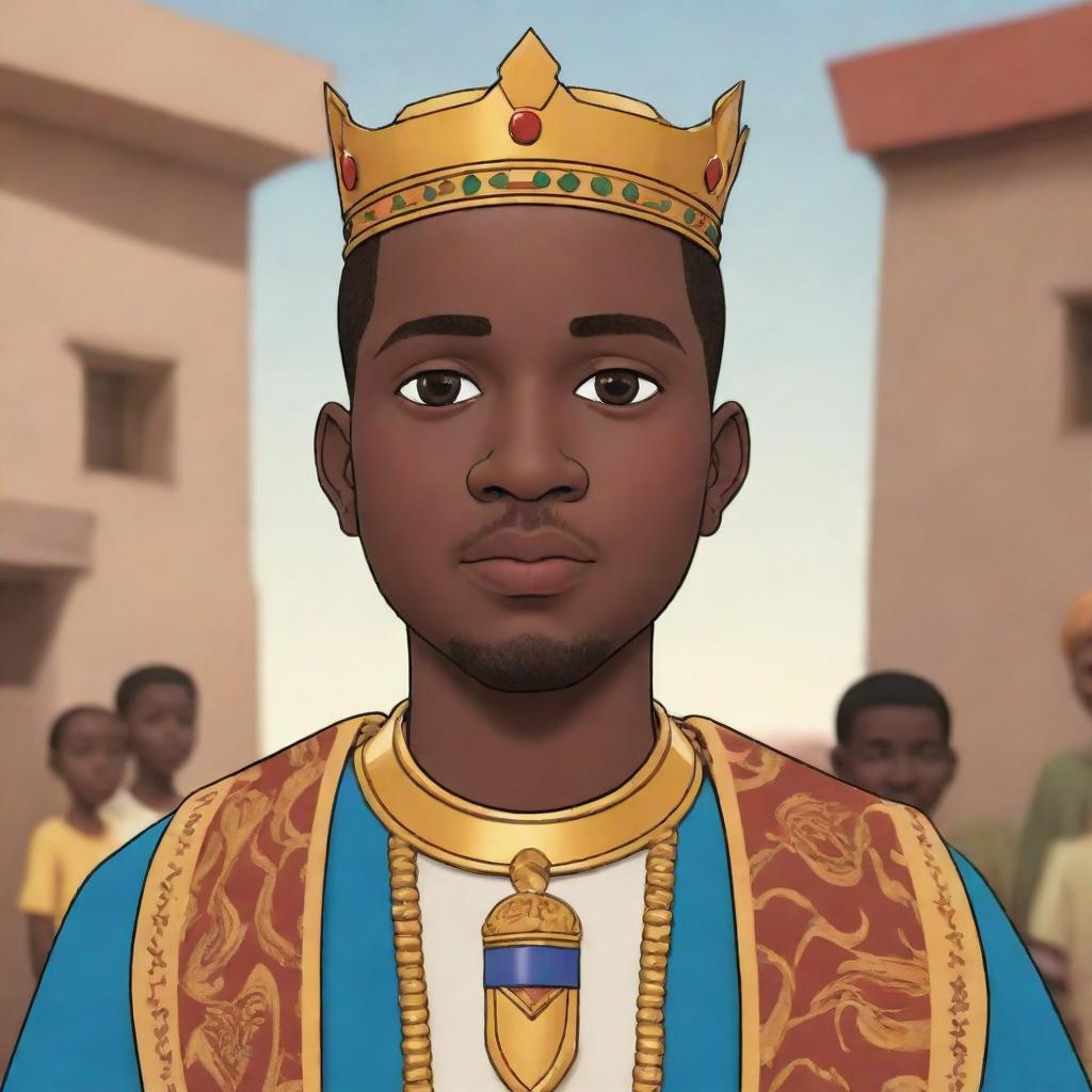 Generate an AI animated cartoon as part of an African tale, portraying the king's son: his attributes, actions, and relationships within the kingdom.