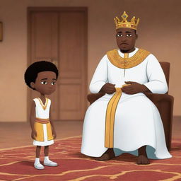 Generate an AI animated cartoon as part of an African tale, portraying the king's son: his attributes, actions, and relationships within the kingdom.