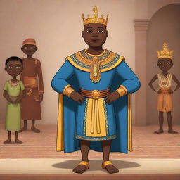 Generate an AI animated cartoon as part of an African tale, portraying the king's son: his attributes, actions, and relationships within the kingdom.