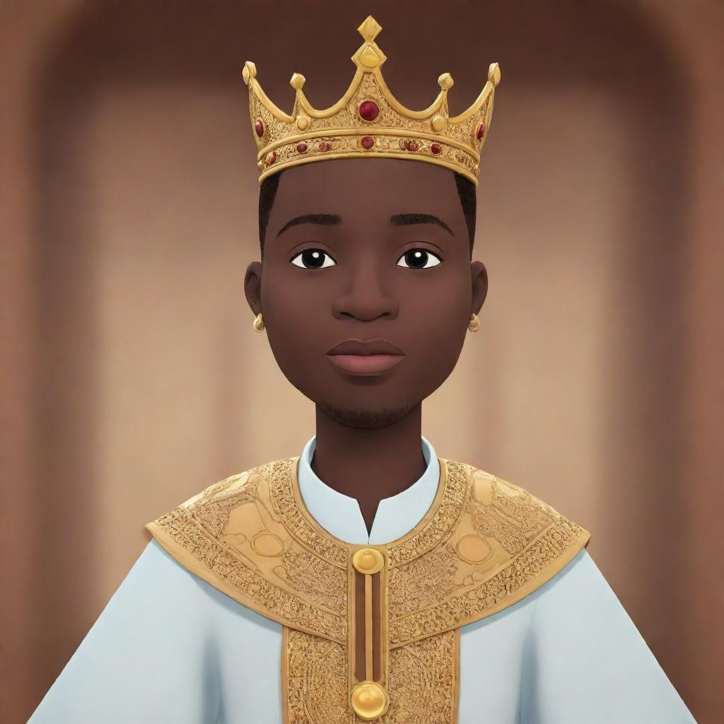 Generate an AI animated cartoon as part of an African tale, portraying the king's son: his attributes, actions, and relationships within the kingdom.