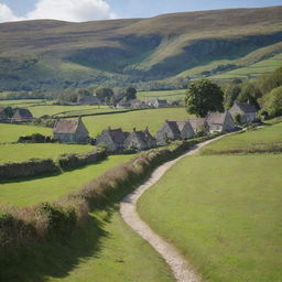 A serene remote village of Ravenscroft, with rustic cottages, lush green fields, a babbling creek, weather-beaten paths and distant hills under a soft blue sky.