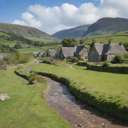 A serene remote village of Ravenscroft, with rustic cottages, lush green fields, a babbling creek, weather-beaten paths and distant hills under a soft blue sky.