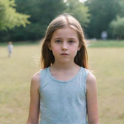 A young girl standing in the background of an unspecified scene, slightly blurred but radiating a distinct aura