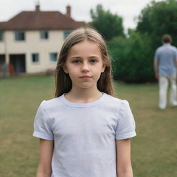 A young girl standing in the background of an unspecified scene, slightly blurred but radiating a distinct aura