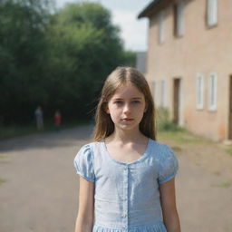 A young girl standing in the background of an unspecified scene, slightly blurred but radiating a distinct aura