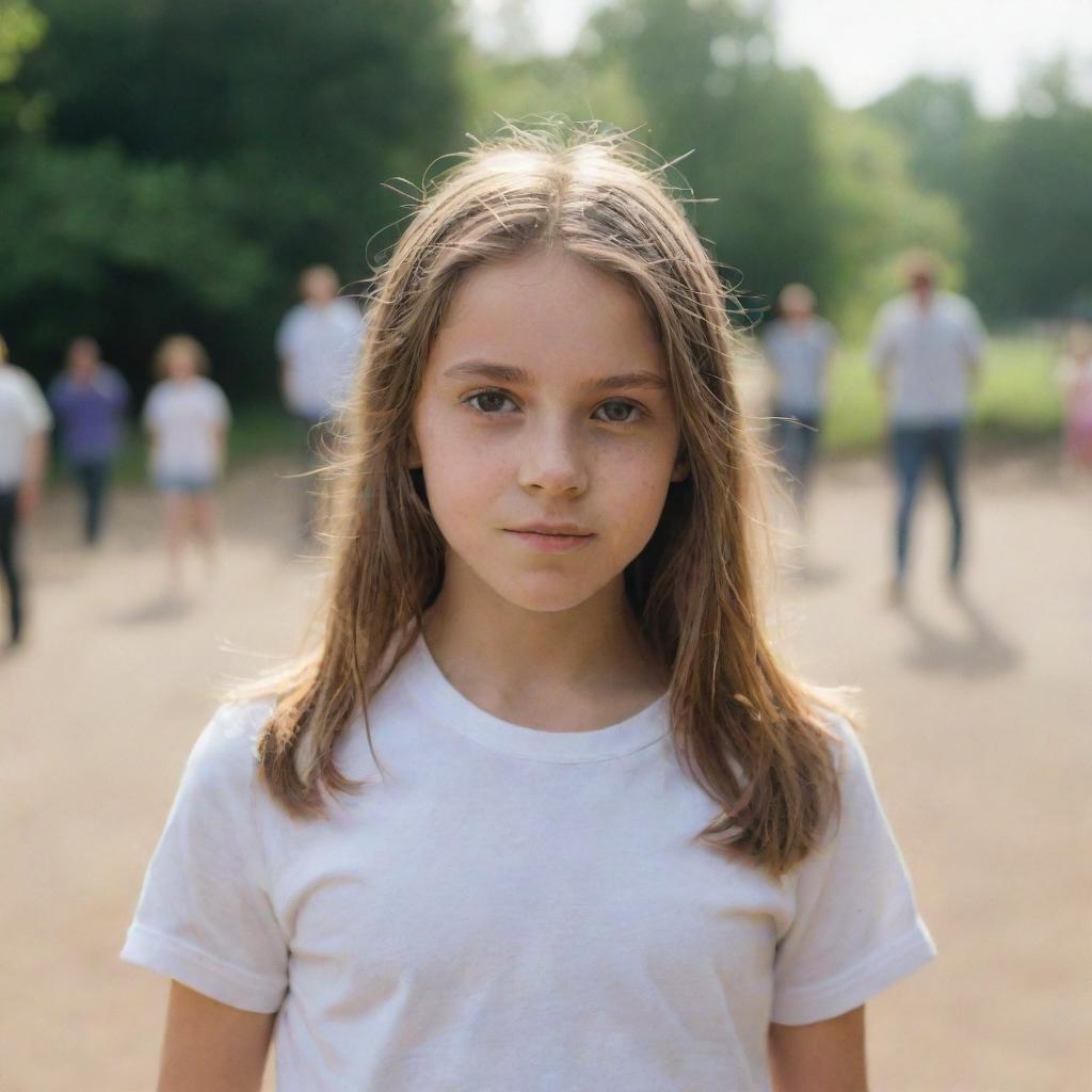 A young girl standing in the background of an unspecified scene, slightly blurred but radiating a distinct aura