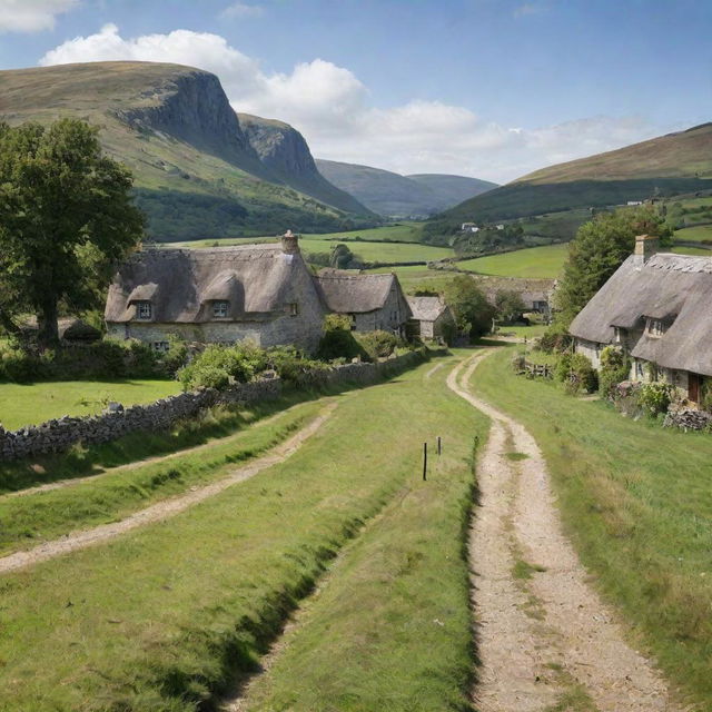 A serene remote village of Ravenscroft, with rustic cottages, lush green fields, a babbling creek, weather-beaten paths and distant hills under a soft blue sky.