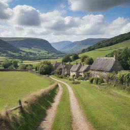 A serene remote village of Ravenscroft, with rustic cottages, lush green fields, a babbling creek, weather-beaten paths and distant hills under a soft blue sky.