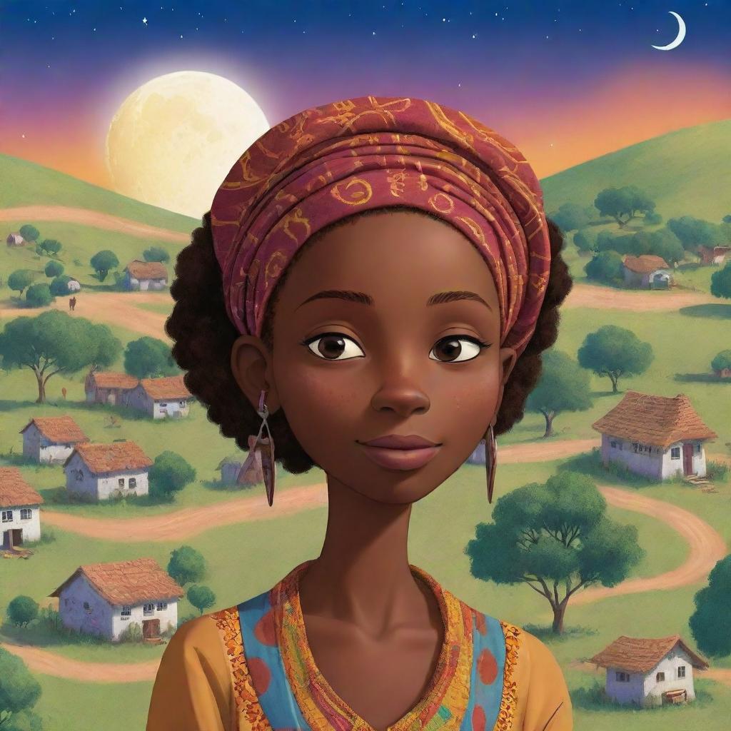 In an AI-generated African tale cartoon, animate a vibrant village nestled between rolling hills and lush landscapes, home to a young woman named Amina. Amina stands out for her grace, intelligence, and a mysterious crescent-moon-shaped birthmark on her cheek.