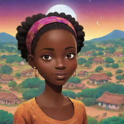 In an AI-generated African tale cartoon, animate a vibrant village nestled between rolling hills and lush landscapes, home to a young woman named Amina. Amina stands out for her grace, intelligence, and a mysterious crescent-moon-shaped birthmark on her cheek.