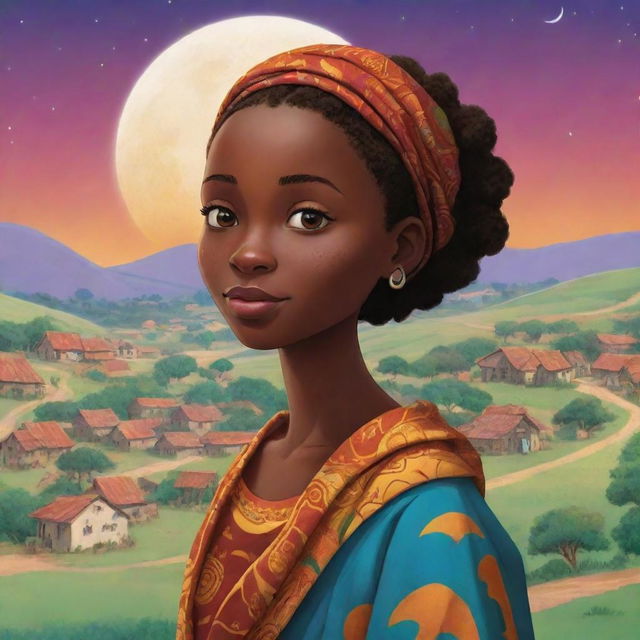 In an AI-generated African tale cartoon, animate a vibrant village nestled between rolling hills and lush landscapes, home to a young woman named Amina. Amina stands out for her grace, intelligence, and a mysterious crescent-moon-shaped birthmark on her cheek.