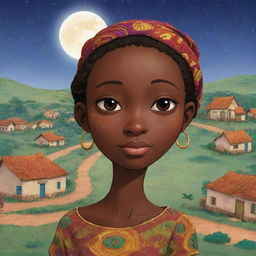 In an AI-generated African tale cartoon, animate a vibrant village nestled between rolling hills and lush landscapes, home to a young woman named Amina. Amina stands out for her grace, intelligence, and a mysterious crescent-moon-shaped birthmark on her cheek.