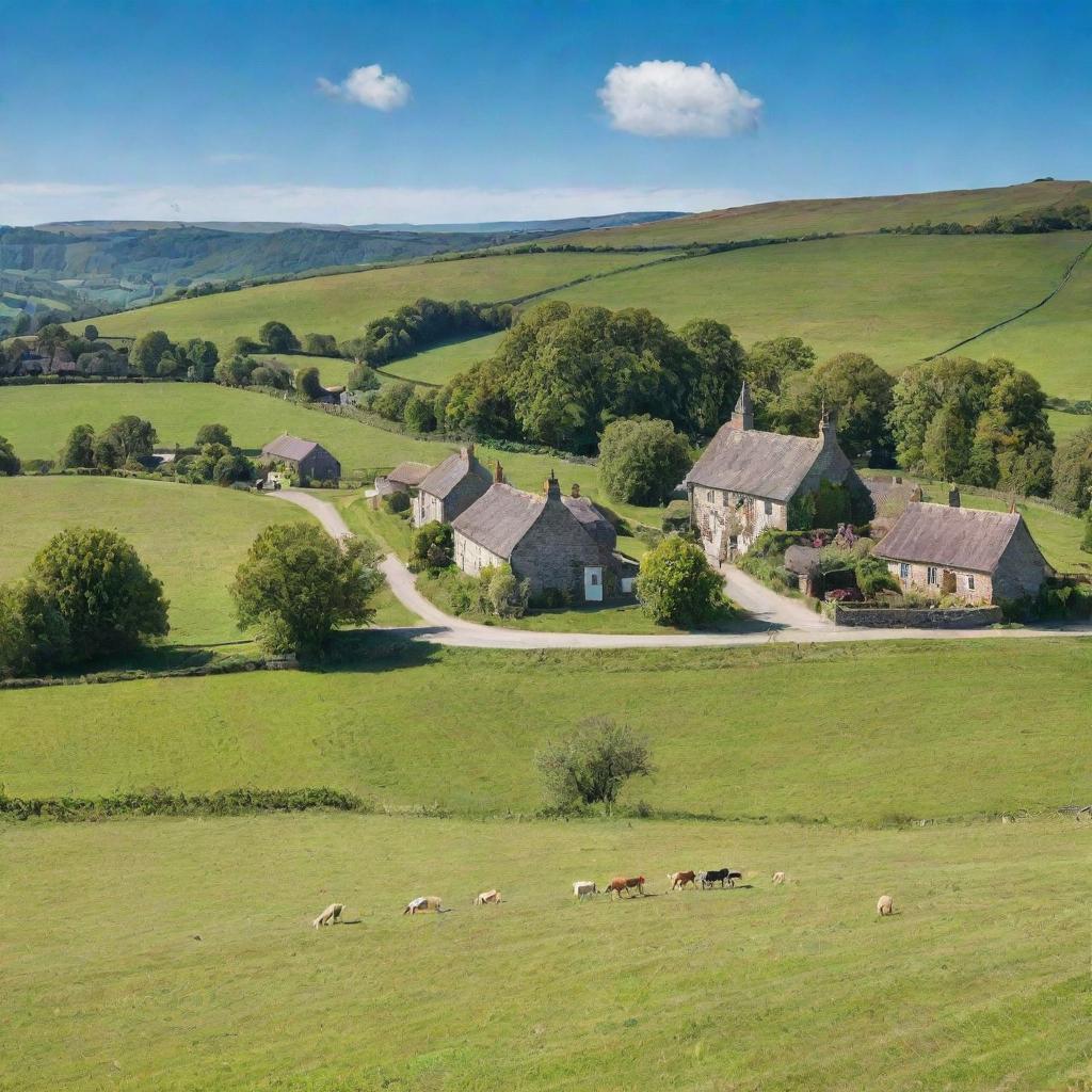 A picturesque, remote village of Ravenscroft nestled in green rolling hills under a clear blue sky, with quaint cottages, a small church in the distance and villagers going about their daily routine.